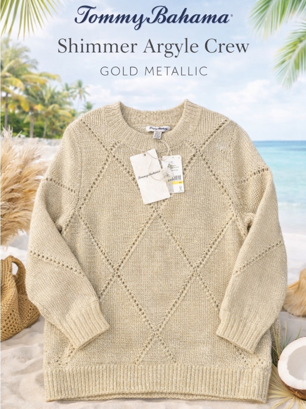 Tommy Bahama Shimmer Argyle Wool Blend Crew Sweater Gold Metallic NWT M
